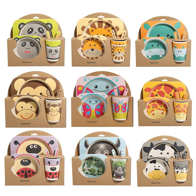 5pcs/set Children Baby Bamboo Fiber Tableware Baby Tableware Set Cartoon Animal Tableware Aet eprolo The Little Baby Brand