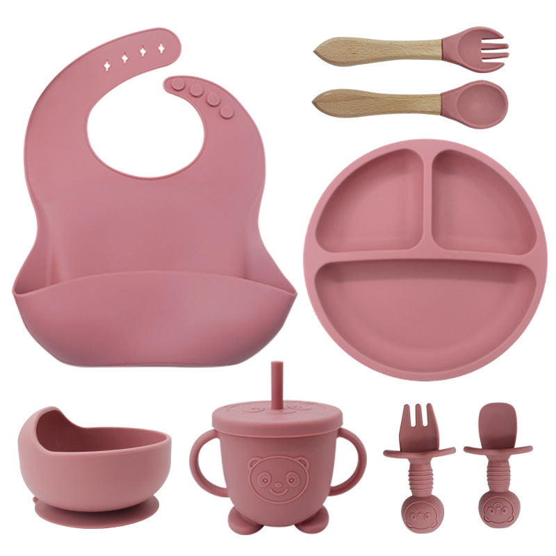 8PCS Mother and baby silicone bibs, silicone dinner plates, eight-piece set, baby food training suction cup bowl, baby divided tableware set eprolo The Little Baby Brand