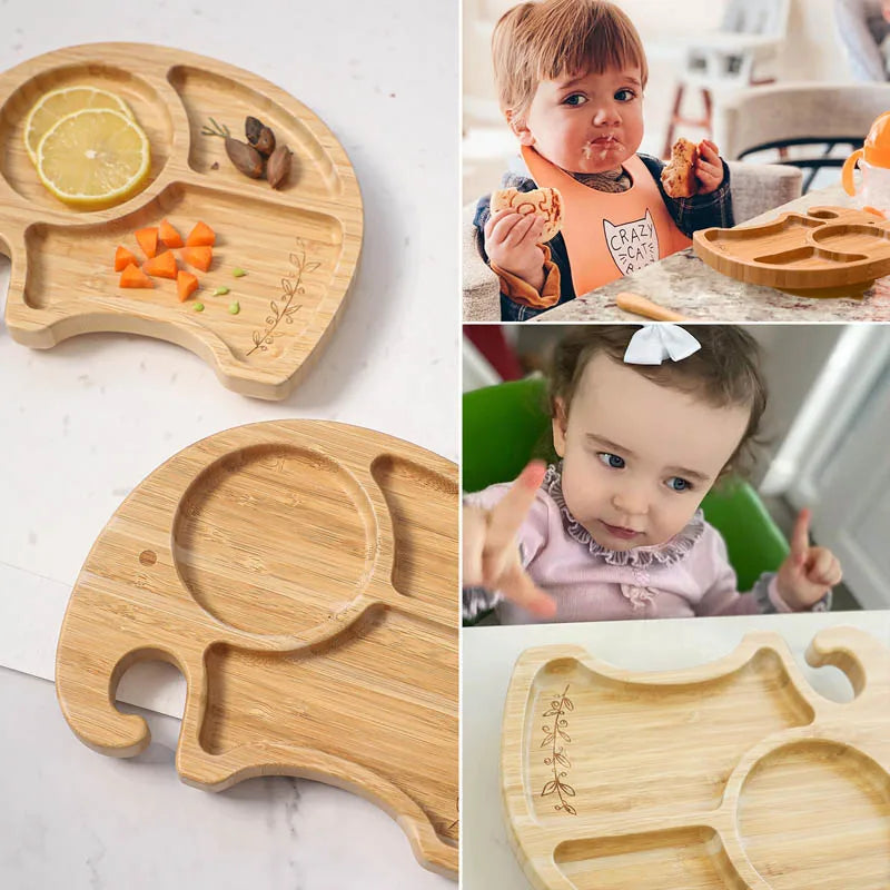 1PC Bamboo Wooden Dinnerware Baby Feeding Accessories Cartoon Animals Elephant Dinner Plate With Sucker Baby Products Gifts The Little Baby Brand The Little Baby Brand