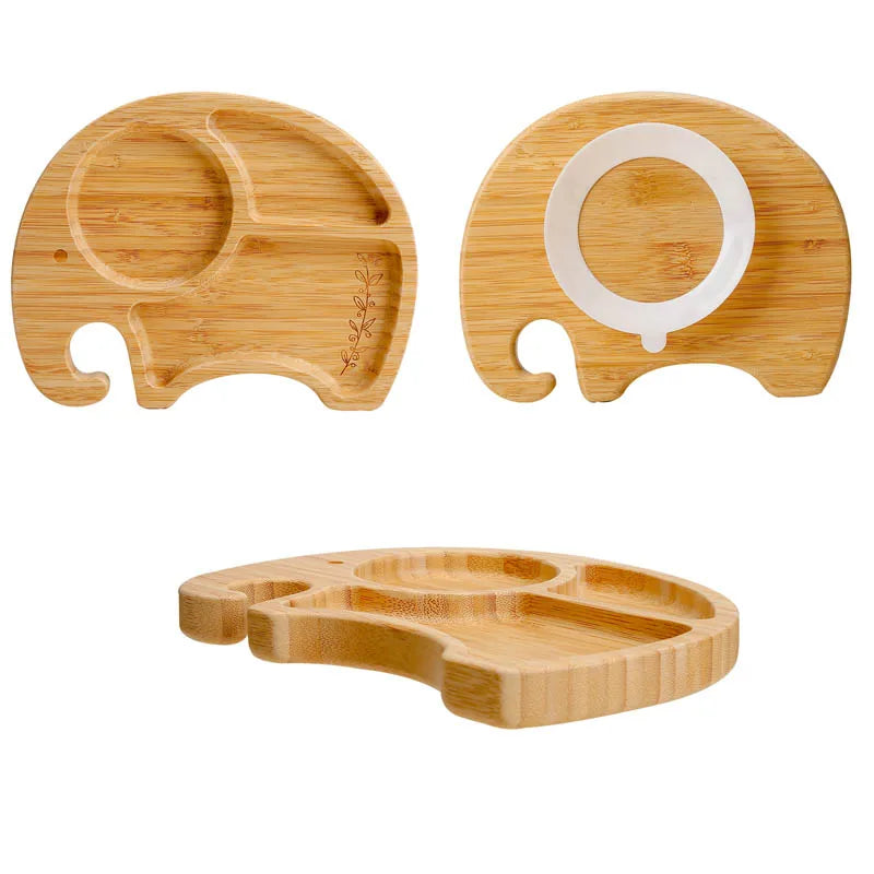 1PC Bamboo Wooden Dinnerware Baby Feeding Accessories Cartoon Animals Elephant Dinner Plate With Sucker Baby Products Gifts The Little Baby Brand The Little Baby Brand