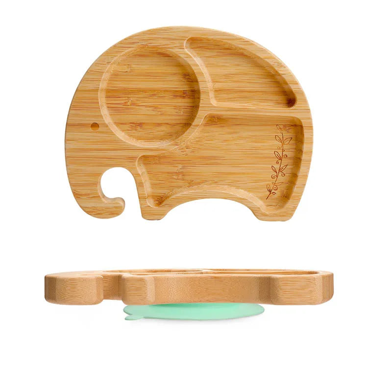 1PC Bamboo Wooden Dinnerware Baby Feeding Accessories Cartoon Animals Elephant Dinner Plate With Sucker Baby Products Gifts The Little Baby Brand The Little Baby Brand