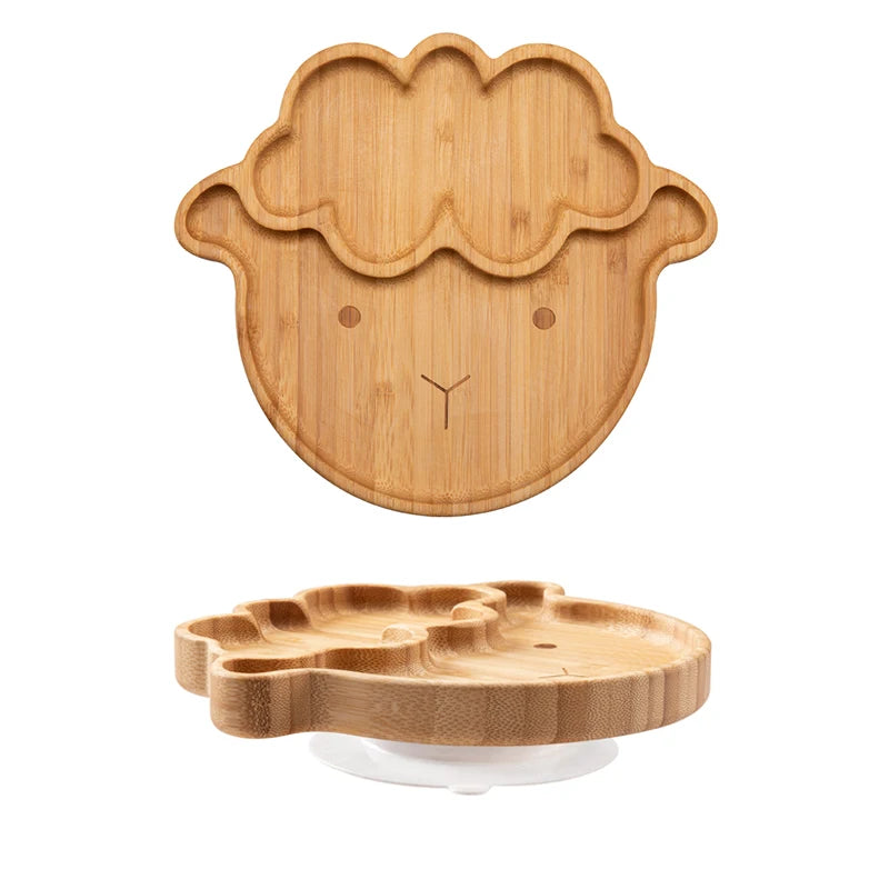 1PC Bamboo Wooden Dinnerware Baby Feeding Accessories Cartoon Animals Elephant Dinner Plate With Sucker Baby Products Gifts The Little Baby Brand The Little Baby Brand