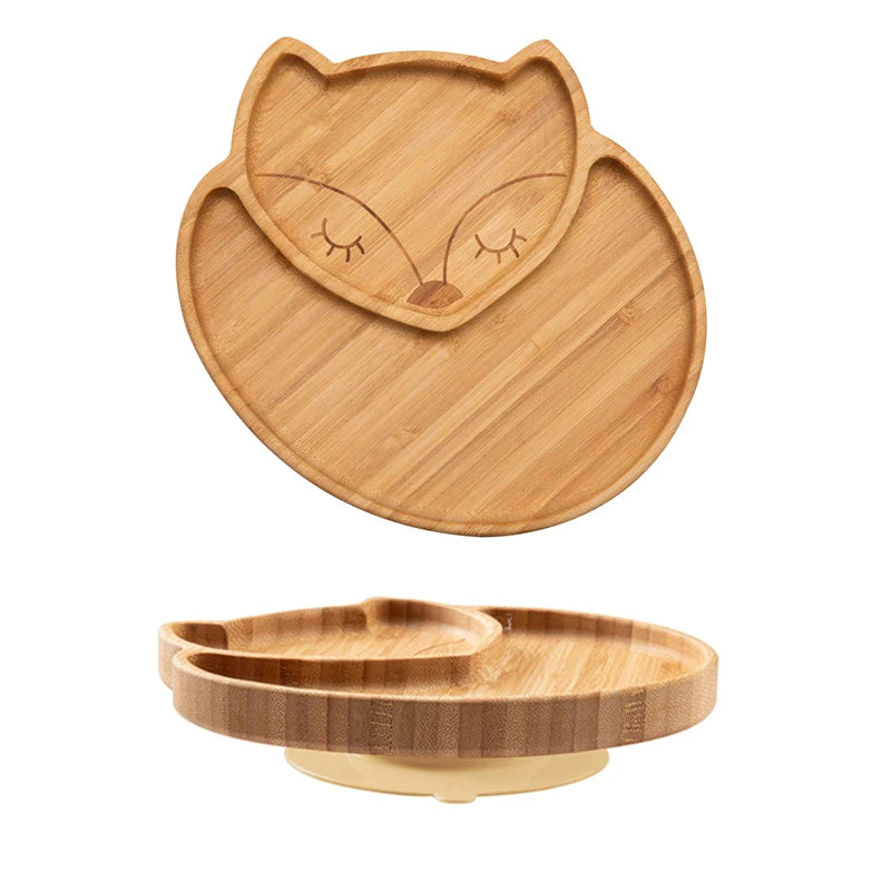 1PC Bamboo Wooden Dinnerware Baby Feeding Accessories Cartoon Animals Elephant Dinner Plate With Sucker Baby Products Gifts The Little Baby Brand The Little Baby Brand