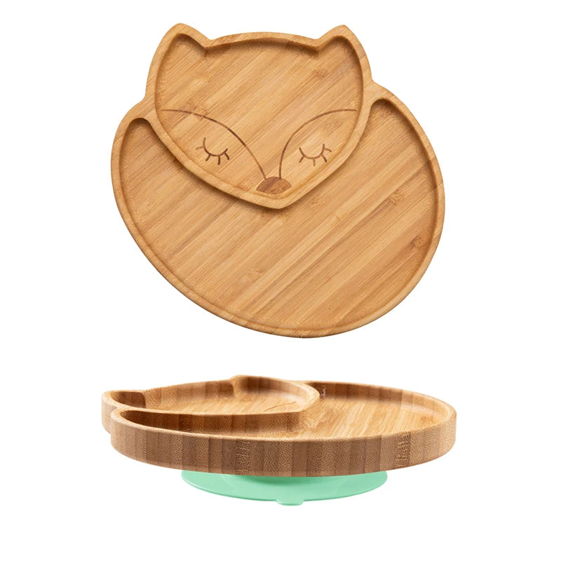 1PC Bamboo Wooden Dinnerware Baby Feeding Accessories Cartoon Animals Elephant Dinner Plate With Sucker Baby Products Gifts The Little Baby Brand The Little Baby Brand