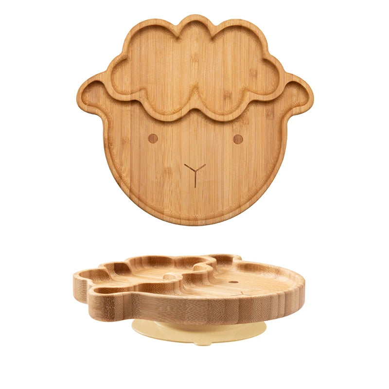 1PC Bamboo Wooden Dinnerware Baby Feeding Accessories Cartoon Animals Elephant Dinner Plate With Sucker Baby Products Gifts The Little Baby Brand The Little Baby Brand