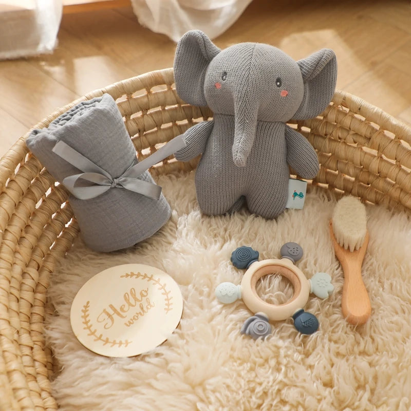 Baby Crochet Rattle Elephant Teether Toys Silicone Rudder Teething Toys Cotton Towel Wool Brush Weave Gift Box Bath Toys Set The Little Baby Brand The Little Baby Brand