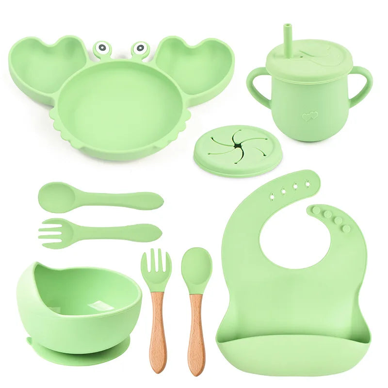 9Pcs Baby Silicone Non-Slip Suction Bowl Plate Spoon Waterproof Bib Cup Set Baby Crab Dishes Food Feeding Bowl for Kids BPA Free The Little Baby Brand The Little Baby Brand