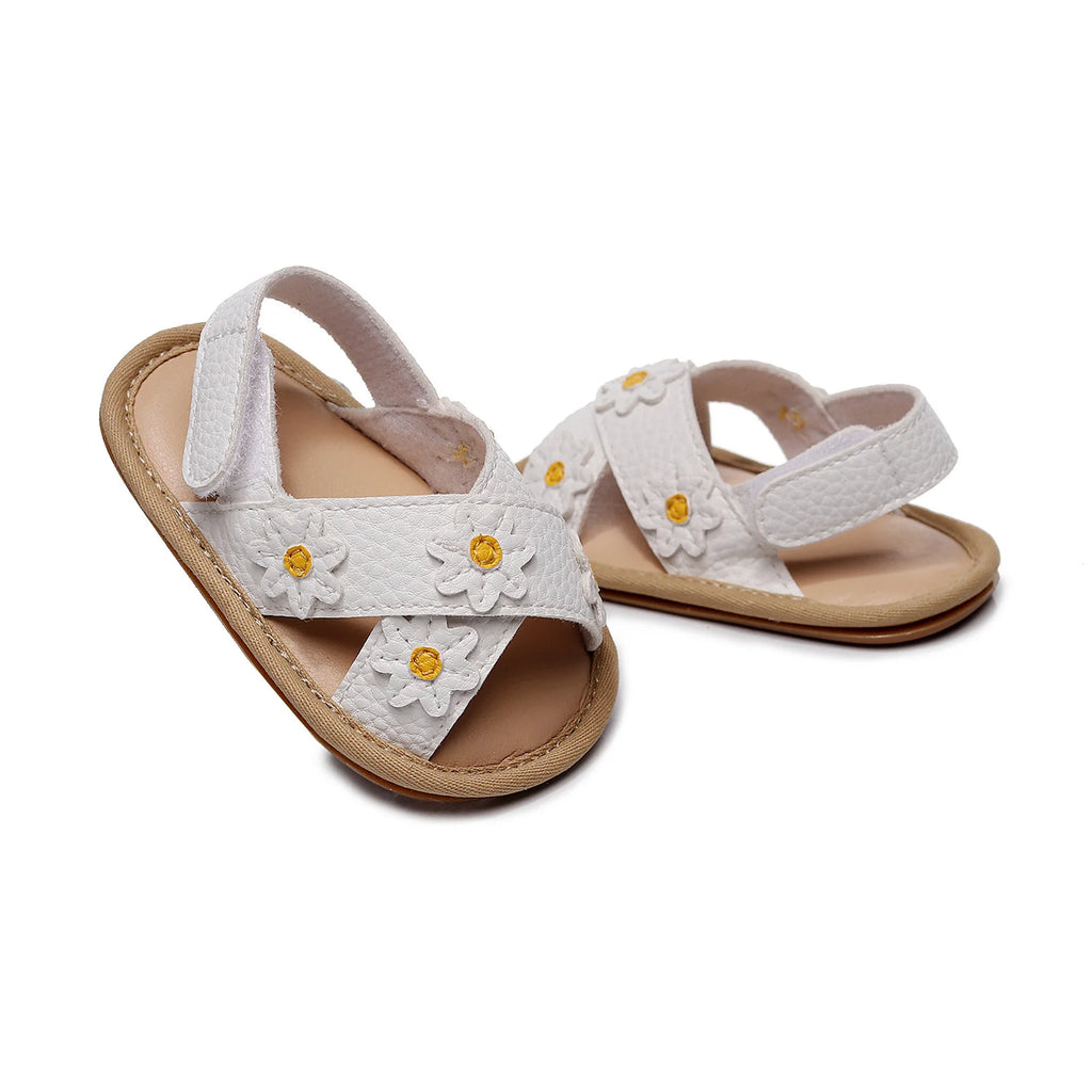 Baby Girls Anti-slip Flat Shoes, Floral Applique Pattern Soft Sole Sandals, White/ Golden/ Pink The Little Baby Brand The Little Baby Brand