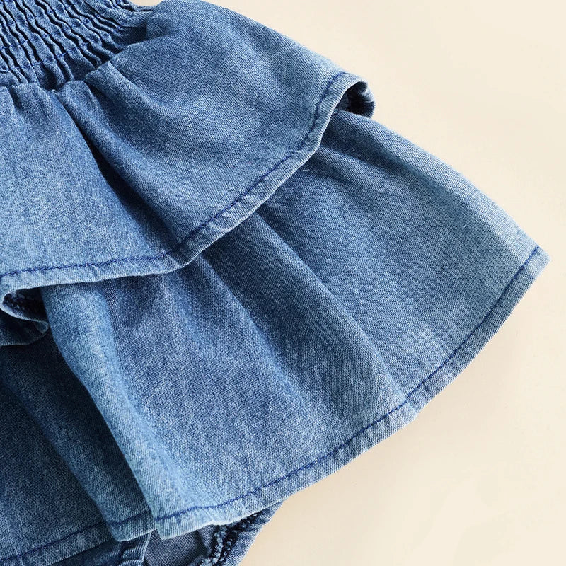 Baby Summer Clothes Girl Denim Romper Sleeveless Suspender Pleated Design Ruffle Hem Bottom Snap Button Cute Jumpsuit The Little Baby Brand The Little Baby Brand