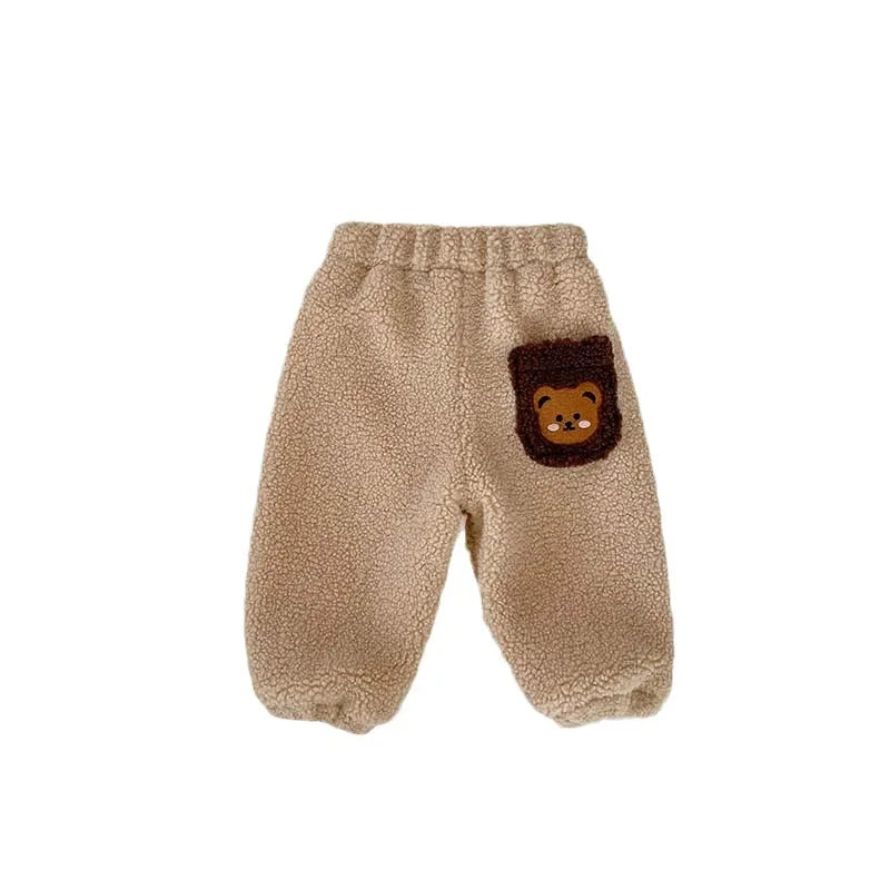 Winter Plush Thicken Warm Baby Pants Cute Bear 2023 Korean Toddler Plush Pants Double Layered Newborn Thick Outer Wear The Little Baby Brand The Little Baby Brand