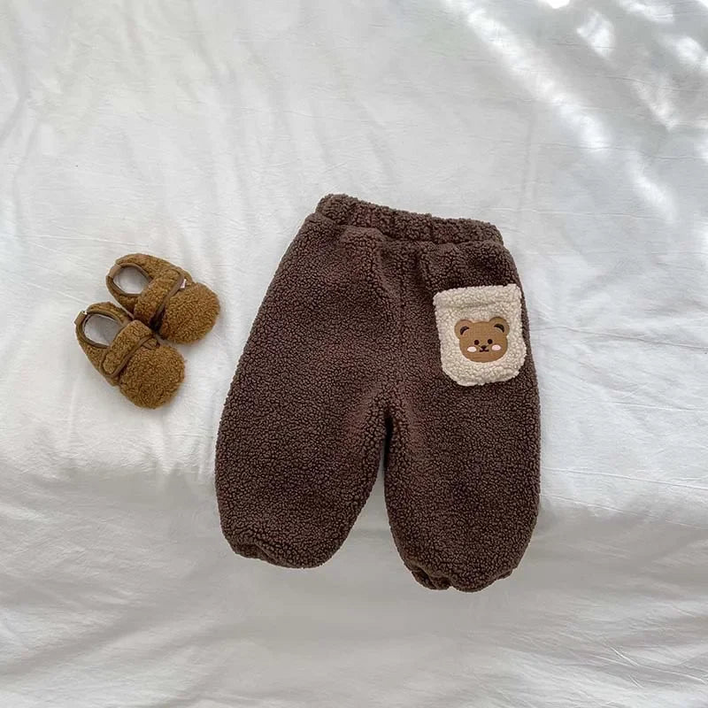 Winter Plush Thicken Warm Baby Pants Cute Bear 2023 Korean Toddler Plush Pants Double Layered Newborn Thick Outer Wear The Little Baby Brand The Little Baby Brand