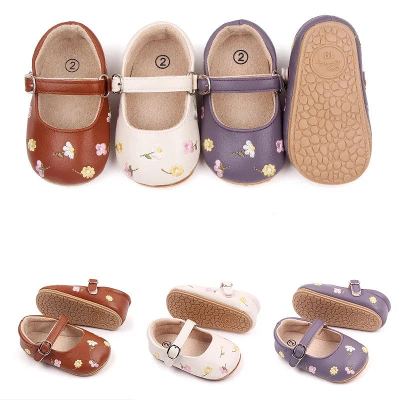 Baby Girl Princess Shoes High Quality Soft PU Embroidery Flower TPR Sole Anti-slip for Toddler Girl 0-12 Months 2023 New Fashion The Little Baby Brand The Little Baby Brand