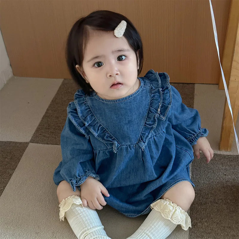 2023 Autumn New Baby Girl Long Sleeve Ruffled Dress Kids Casual Denim Dress Infant Toddler Cute Princess Dress Children Clothes The Little Baby Brand The Little Baby Brand