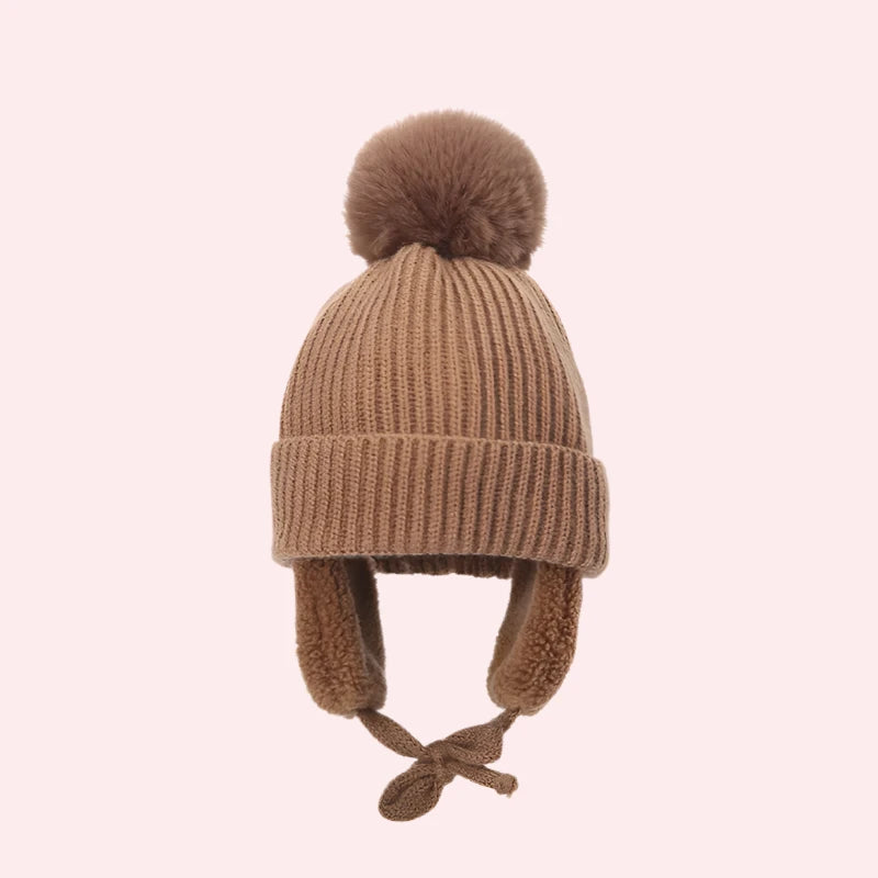 2-8T Baby Hat Big Pompom Beanie with Earflap Wool Plush Children Knitted Cap for Girls Boys Winter Thick Warm Kids Accessories The Little Baby Brand The Little Baby Brand