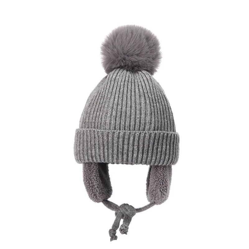 2-8T Baby Hat Big Pompom Beanie with Earflap Wool Plush Children Knitted Cap for Girls Boys Winter Thick Warm Kids Accessories The Little Baby Brand The Little Baby Brand