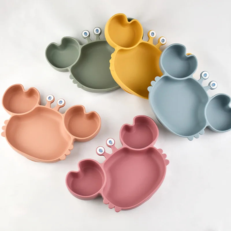 Baby Safe Silicone Dining Plate Suction Cartoon Children Dishes Feeding Toddler Training Tableware Kids Cartoon Crab 3-Grid Tray The Little Baby Brand The Little Baby Brand