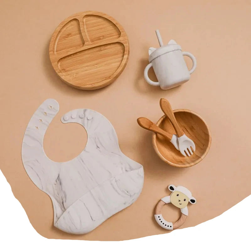 Wooden Dinner Plate Feeding Supplies Bamboo Baby Tableware Silicone Suction Plate Bowl BPA Free Baby Stuff Newborn Accessories The Little Baby Brand The Little Baby Brand