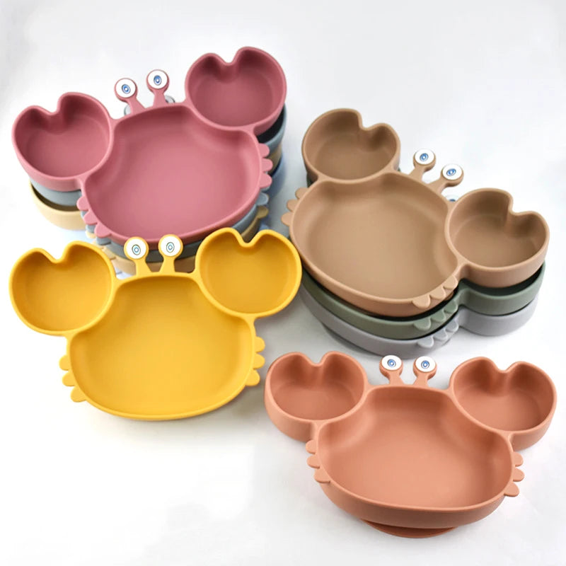 Baby Safe Silicone Dining Plate Suction Cartoon Children Dishes Feeding Toddler Training Tableware Kids Cartoon Crab 3-Grid Tray The Little Baby Brand The Little Baby Brand