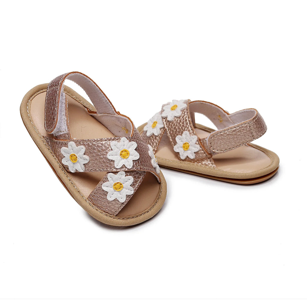 Baby Girls Anti-slip Flat Shoes, Floral Applique Pattern Soft Sole Sandals, White/ Golden/ Pink The Little Baby Brand The Little Baby Brand