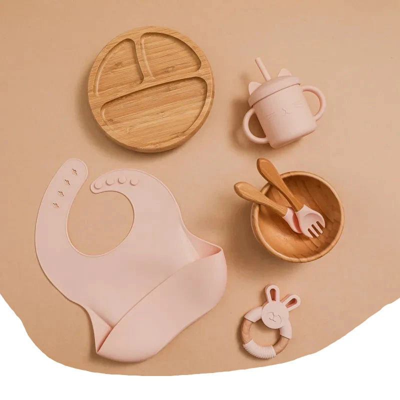 Wooden Dinner Plate Feeding Supplies Bamboo Baby Tableware Silicone Suction Plate Bowl BPA Free Baby Stuff Newborn Accessories The Little Baby Brand The Little Baby Brand