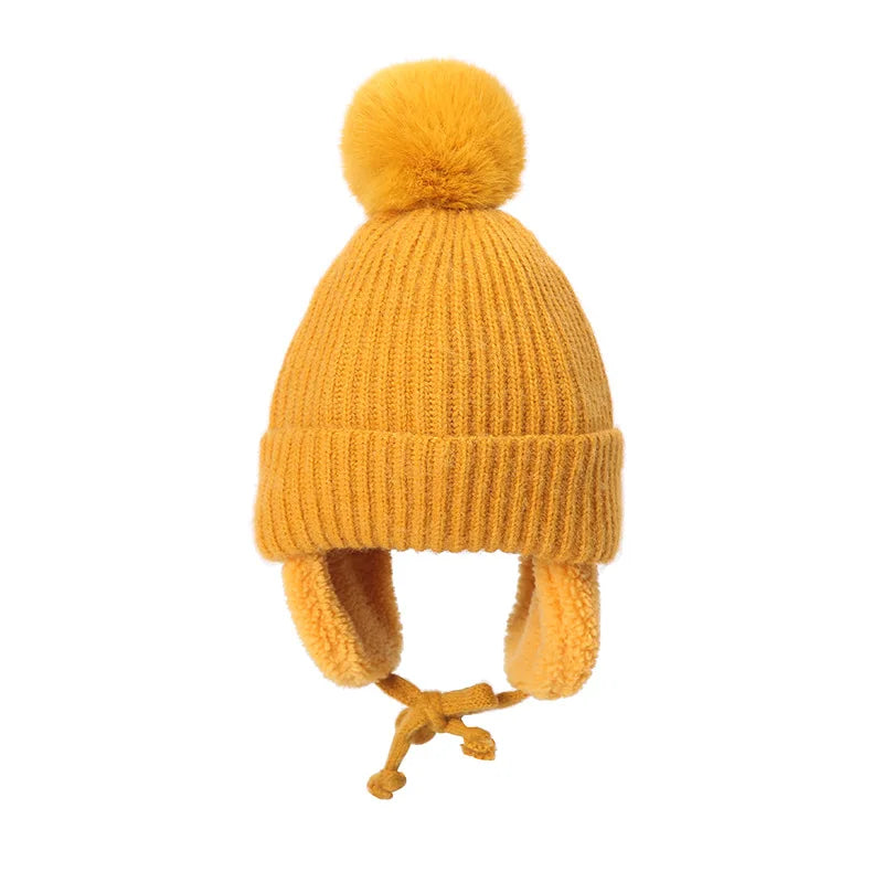 2-8T Baby Hat Big Pompom Beanie with Earflap Wool Plush Children Knitted Cap for Girls Boys Winter Thick Warm Kids Accessories The Little Baby Brand The Little Baby Brand