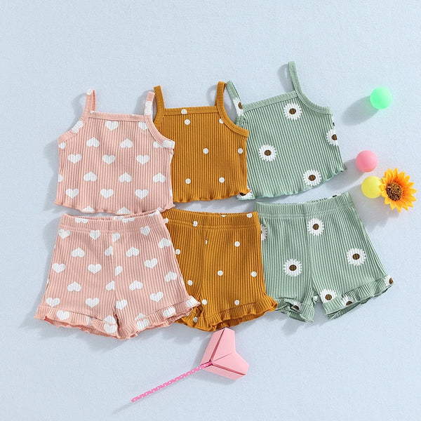 FOCUSNORM 0-18M Infant Baby Girl Clothes Sets 2pcs Heart/Dot/Floral Print Sleeveless Knit Sling Tank Elastic Waist Shorts The Little Baby Brand The Little Baby Brand