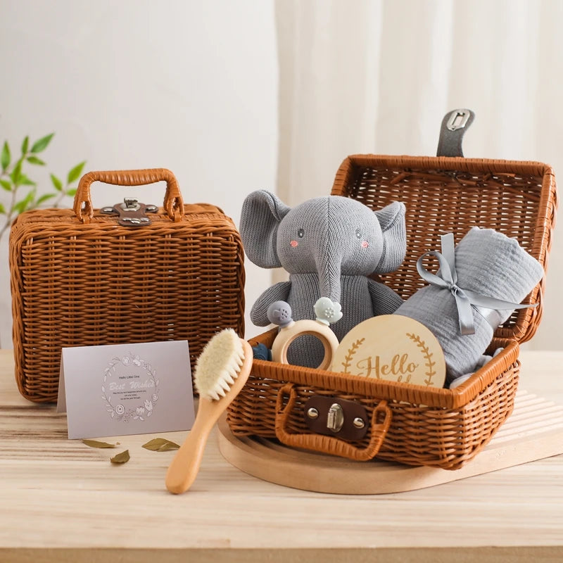 Baby Crochet Rattle Elephant Teether Toys Silicone Rudder Teething Toys Cotton Towel Wool Brush Weave Gift Box Bath Toys Set The Little Baby Brand The Little Baby Brand