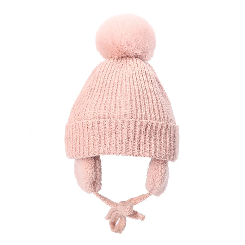 2-8T Baby Hat Big Pompom Beanie with Earflap Wool Plush Children Knitted Cap for Girls Boys Winter Thick Warm Kids Accessories The Little Baby Brand The Little Baby Brand