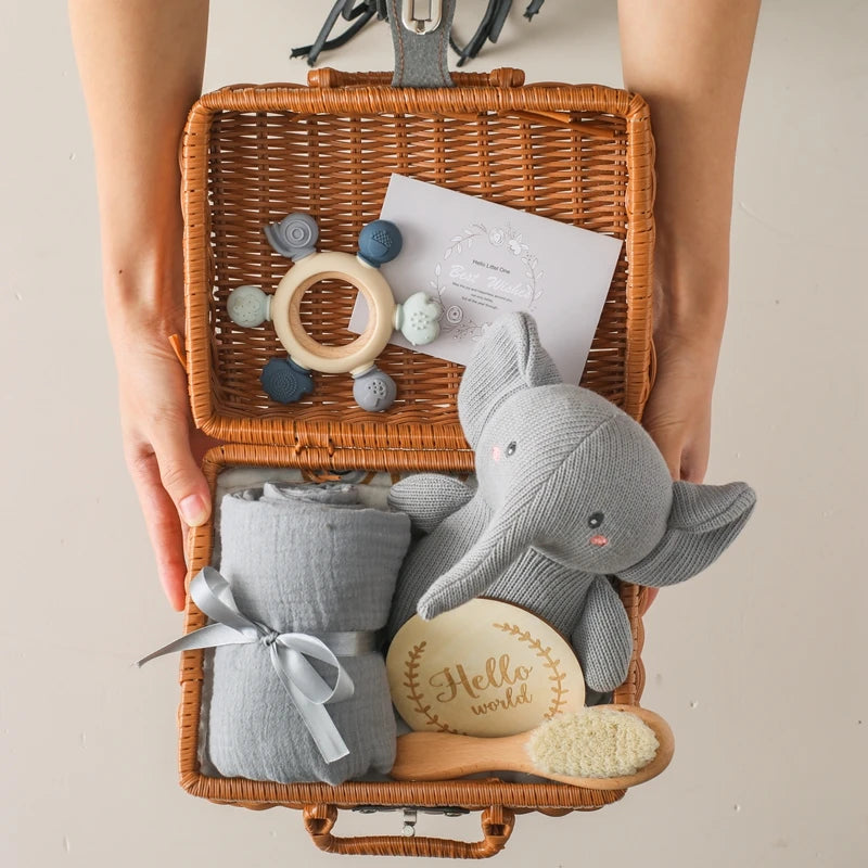 Baby Crochet Rattle Elephant Teether Toys Silicone Rudder Teething Toys Cotton Towel Wool Brush Weave Gift Box Bath Toys Set The Little Baby Brand The Little Baby Brand