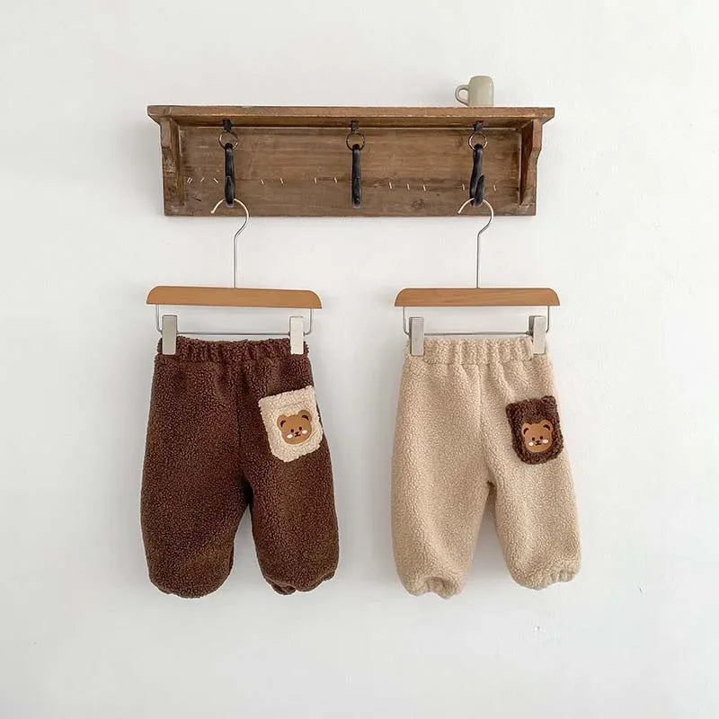 Winter Plush Thicken Warm Baby Pants Cute Bear 2023 Korean Toddler Plush Pants Double Layered Newborn Thick Outer Wear The Little Baby Brand The Little Baby Brand