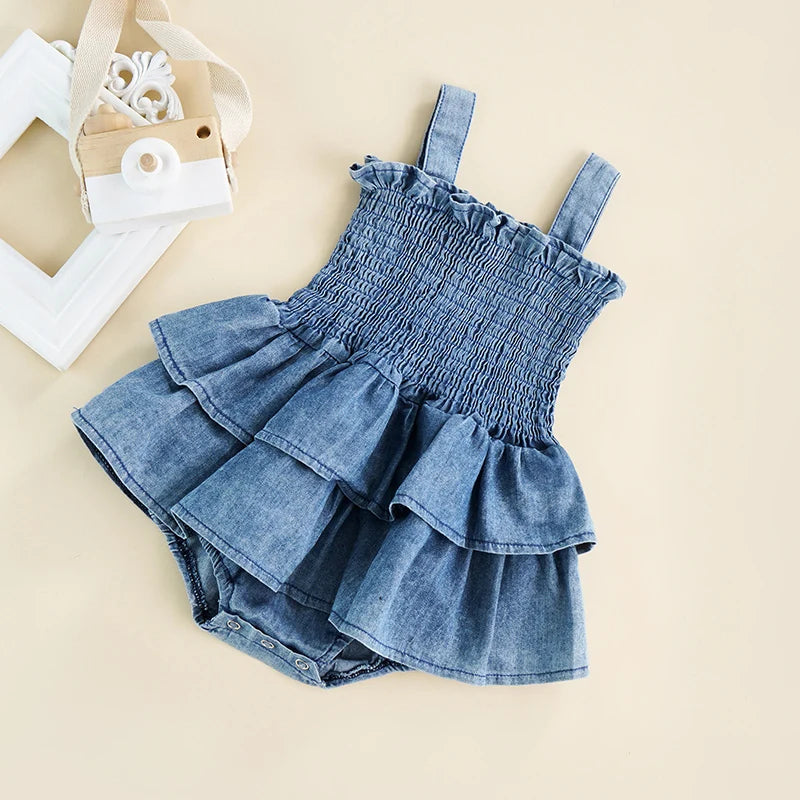 Baby Summer Clothes Girl Denim Romper Sleeveless Suspender Pleated Design Ruffle Hem Bottom Snap Button Cute Jumpsuit The Little Baby Brand The Little Baby Brand