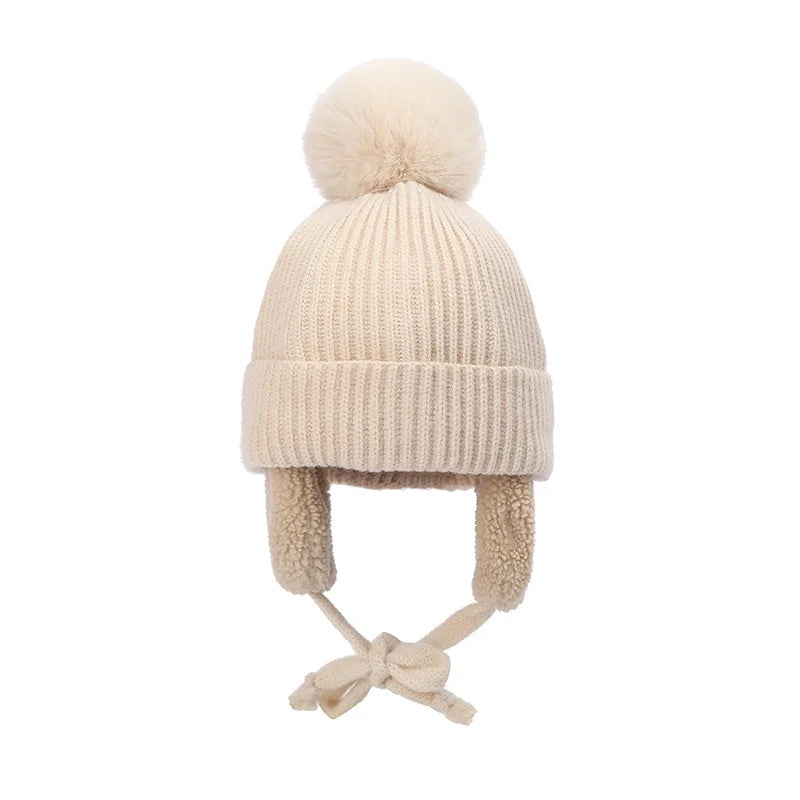 2-8T Baby Hat Big Pompom Beanie with Earflap Wool Plush Children Knitted Cap for Girls Boys Winter Thick Warm Kids Accessories The Little Baby Brand The Little Baby Brand