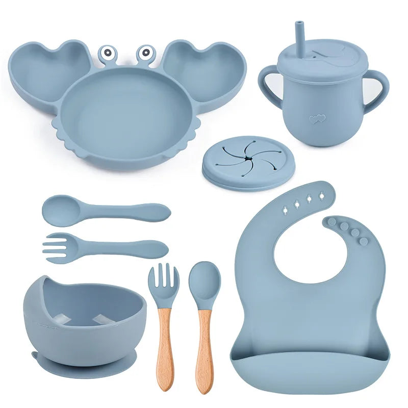 9Pcs Baby Silicone Non-Slip Suction Bowl Plate Spoon Waterproof Bib Cup Set Baby Crab Dishes Food Feeding Bowl for Kids BPA Free The Little Baby Brand The Little Baby Brand