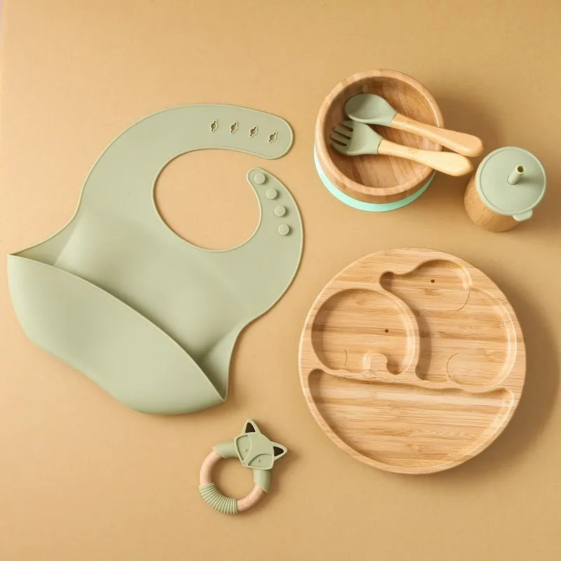 Wooden Dinner Plate Feeding Supplies Bamboo Baby Tableware Silicone Suction Plate Bowl BPA Free Baby Stuff Newborn Accessories The Little Baby Brand The Little Baby Brand