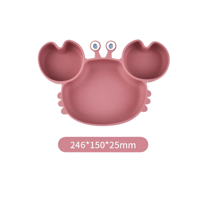 Baby Safe Silicone Dining Plate Suction Cartoon Children Dishes Feeding Toddler Training Tableware Kids Cartoon Crab 3-Grid Tray The Little Baby Brand The Little Baby Brand