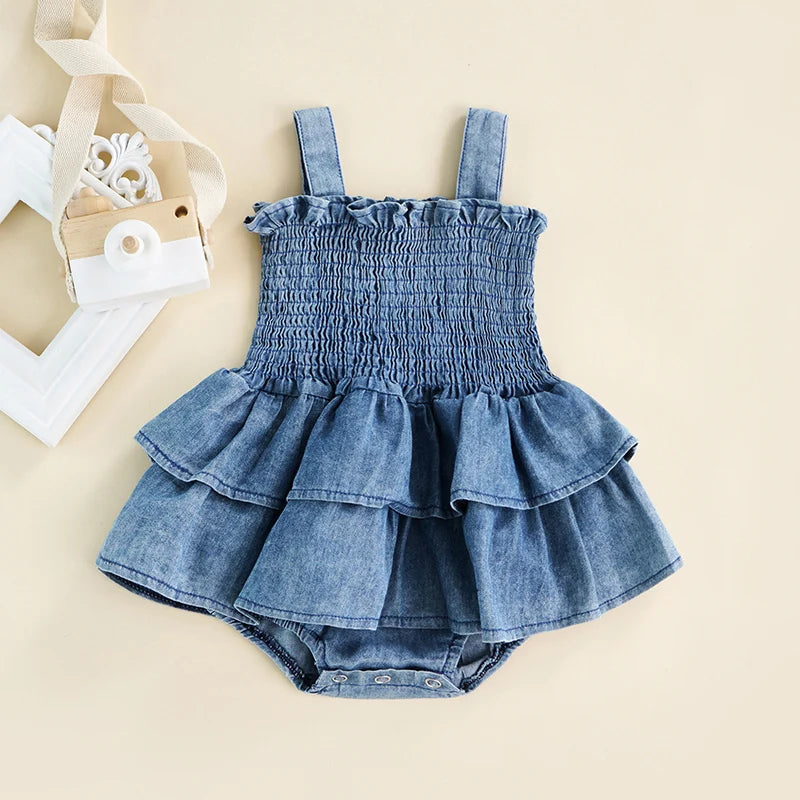 Baby Summer Clothes Girl Denim Romper Sleeveless Suspender Pleated Design Ruffle Hem Bottom Snap Button Cute Jumpsuit The Little Baby Brand The Little Baby Brand