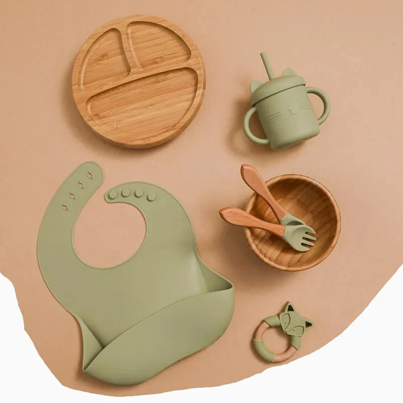 Wooden Dinner Plate Feeding Supplies Bamboo Baby Tableware Silicone Suction Plate Bowl BPA Free Baby Stuff Newborn Accessories The Little Baby Brand The Little Baby Brand