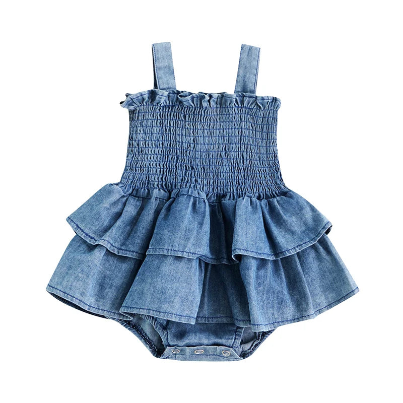 Baby Summer Clothes Girl Denim Romper Sleeveless Suspender Pleated Design Ruffle Hem Bottom Snap Button Cute Jumpsuit The Little Baby Brand The Little Baby Brand