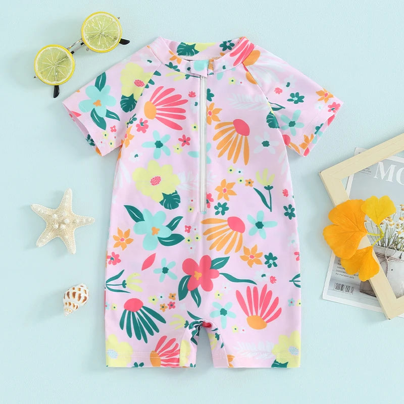 Toddler Girls Rash Guard Swimsuit Rompers Zipper Short Sleeve Floral Print Kids Bathing Suit Baby Swimwear The Little Baby Brand The Little Baby Brand