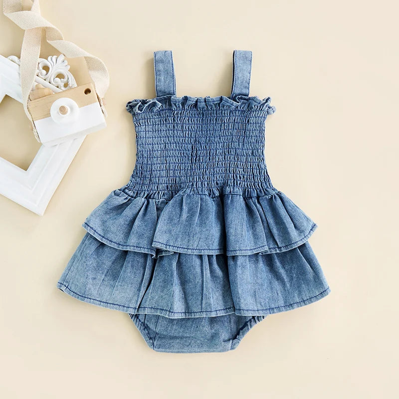 Baby Summer Clothes Girl Denim Romper Sleeveless Suspender Pleated Design Ruffle Hem Bottom Snap Button Cute Jumpsuit The Little Baby Brand The Little Baby Brand