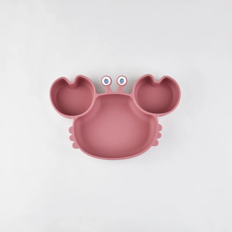 Baby Safe Silicone Dining Plate Suction Cartoon Children Dishes Feeding Toddler Training Tableware Kids Cartoon Crab 3-Grid Tray The Little Baby Brand The Little Baby Brand