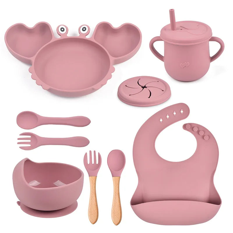 9Pcs Baby Silicone Non-Slip Suction Bowl Plate Spoon Waterproof Bib Cup Set Baby Crab Dishes Food Feeding Bowl for Kids BPA Free The Little Baby Brand The Little Baby Brand