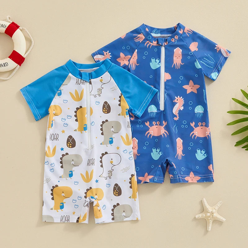 Toddler Boys Rash Guard Swimwear Cartoon Marine Organisms Print Short Sleeve Swimsuits Front Zipper Bathing Suits The Little Baby Brand The Little Baby Brand