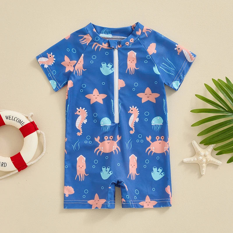 Toddler Boys Rash Guard Swimwear Cartoon Marine Organisms Print Short Sleeve Swimsuits Front Zipper Bathing Suits The Little Baby Brand The Little Baby Brand