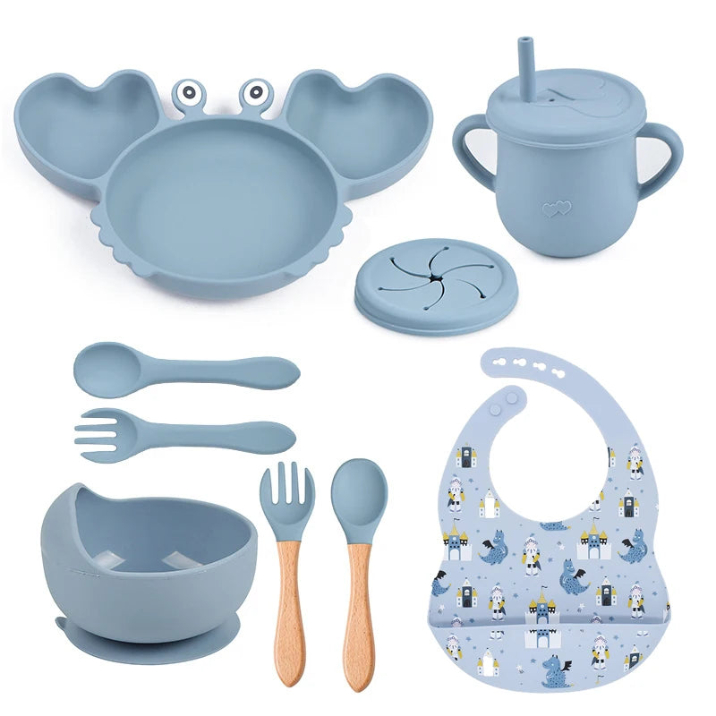 9Pcs Baby Silicone Non-Slip Suction Bowl Plate Spoon Waterproof Bib Cup Set Baby Crab Dishes Food Feeding Bowl for Kids BPA Free The Little Baby Brand The Little Baby Brand