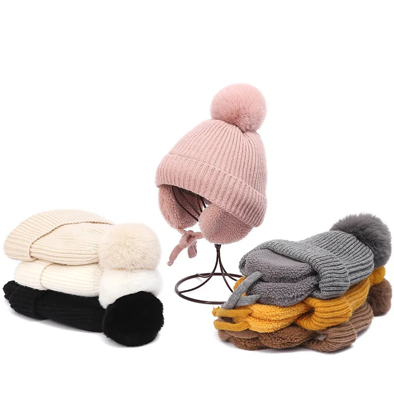 2-8T Baby Hat Big Pompom Beanie with Earflap Wool Plush Children Knitted Cap for Girls Boys Winter Thick Warm Kids Accessories The Little Baby Brand The Little Baby Brand