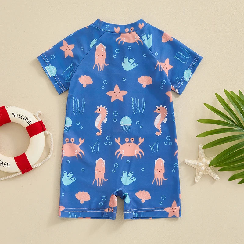 Toddler Boys Rash Guard Swimwear Cartoon Marine Organisms Print Short Sleeve Swimsuits Front Zipper Bathing Suits The Little Baby Brand The Little Baby Brand