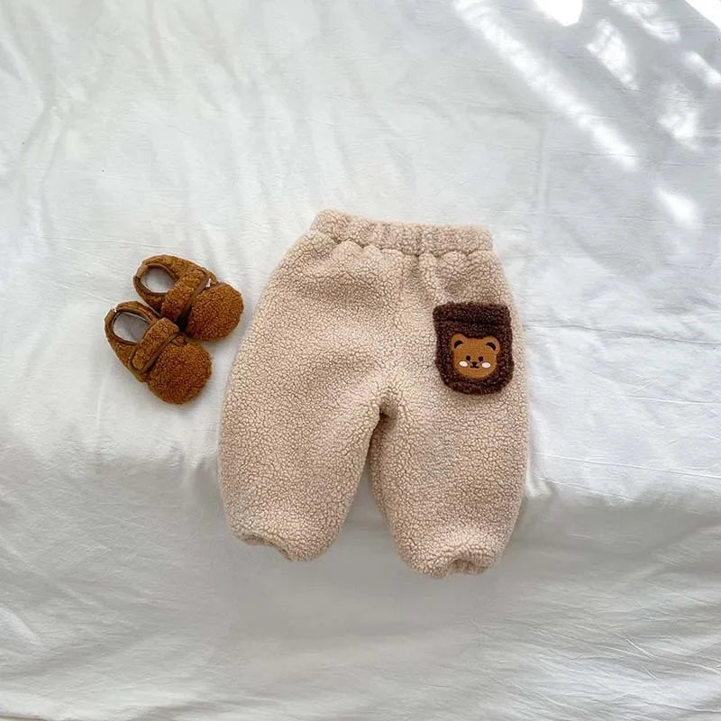 Winter Plush Thicken Warm Baby Pants Cute Bear 2023 Korean Toddler Plush Pants Double Layered Newborn Thick Outer Wear The Little Baby Brand The Little Baby Brand