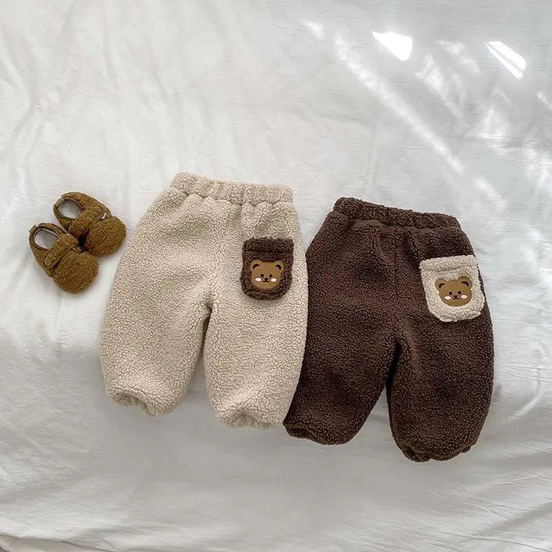 Winter Plush Thicken Warm Baby Pants Cute Bear 2023 Korean Toddler Plush Pants Double Layered Newborn Thick Outer Wear The Little Baby Brand The Little Baby Brand