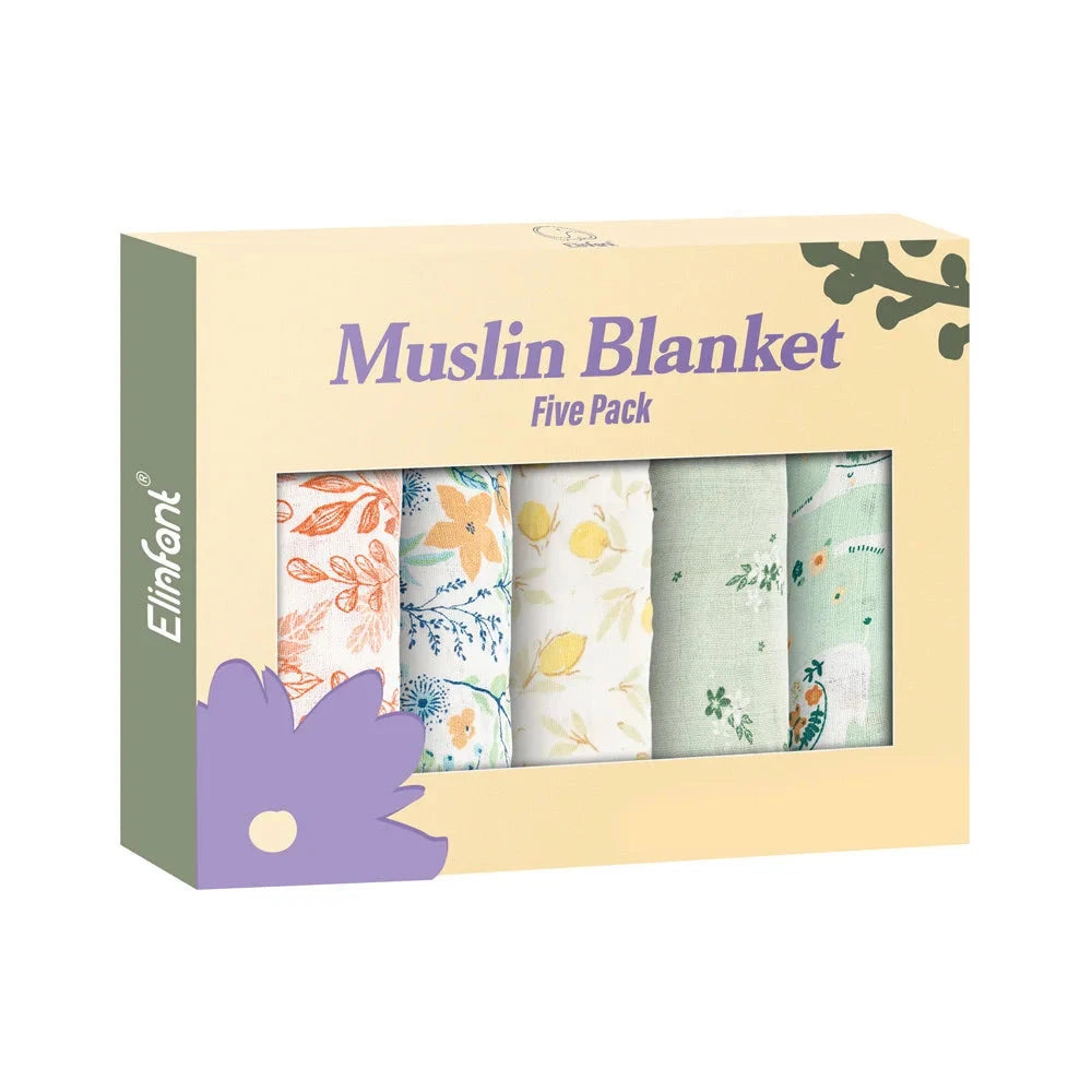 Elinfant 5pcs Gift Set Bamboo Cotton Muslin Bib Burp Cloth 100% Cotton 60*60cm 2 Layers Baby Scarf Handkerchief The Little Baby Brand The Little Baby Brand